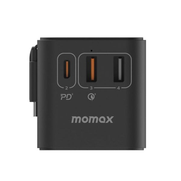 شاحن سفر تيار متردد 1-وورلد 70 واط GaN ب 3 منافذ وكيبل USB-C مدمج من Momax | أسود شاحن سفر تيار متردد 1-وورلد 70 واط GaN ب 3 منافذ وكيبل USB-C مدمج من Momax | أسود